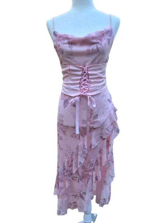 ROMWE Dresses & Skirts - Pink Floral Cami Midi Dress Corset Waist Ruffled Slit Fairycore Garden Medium